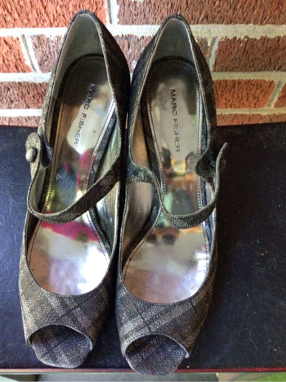 Marc Fisher Black Glitter Peep-Toe Mary Jane Heels Size 8.5